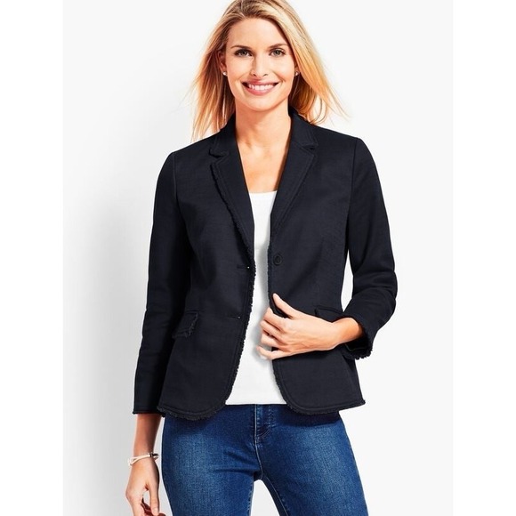 Talbots Jackets & Blazers - Talbots Navy Stretch Cotton Fringe Trim Textured Jacket Blazer Women's 16W